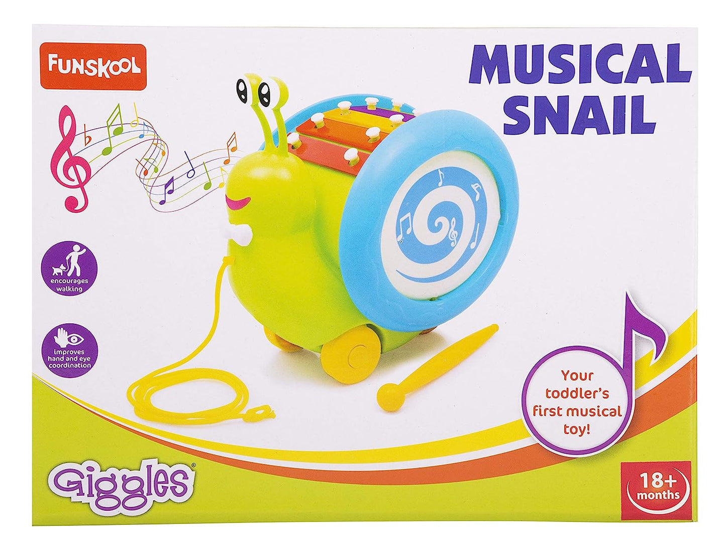 Giggles 3 In 1 Pull Along Musical Snail, Xylophone, Drum And Walking Preschool Toy | Age :  1 Years + by Funskool