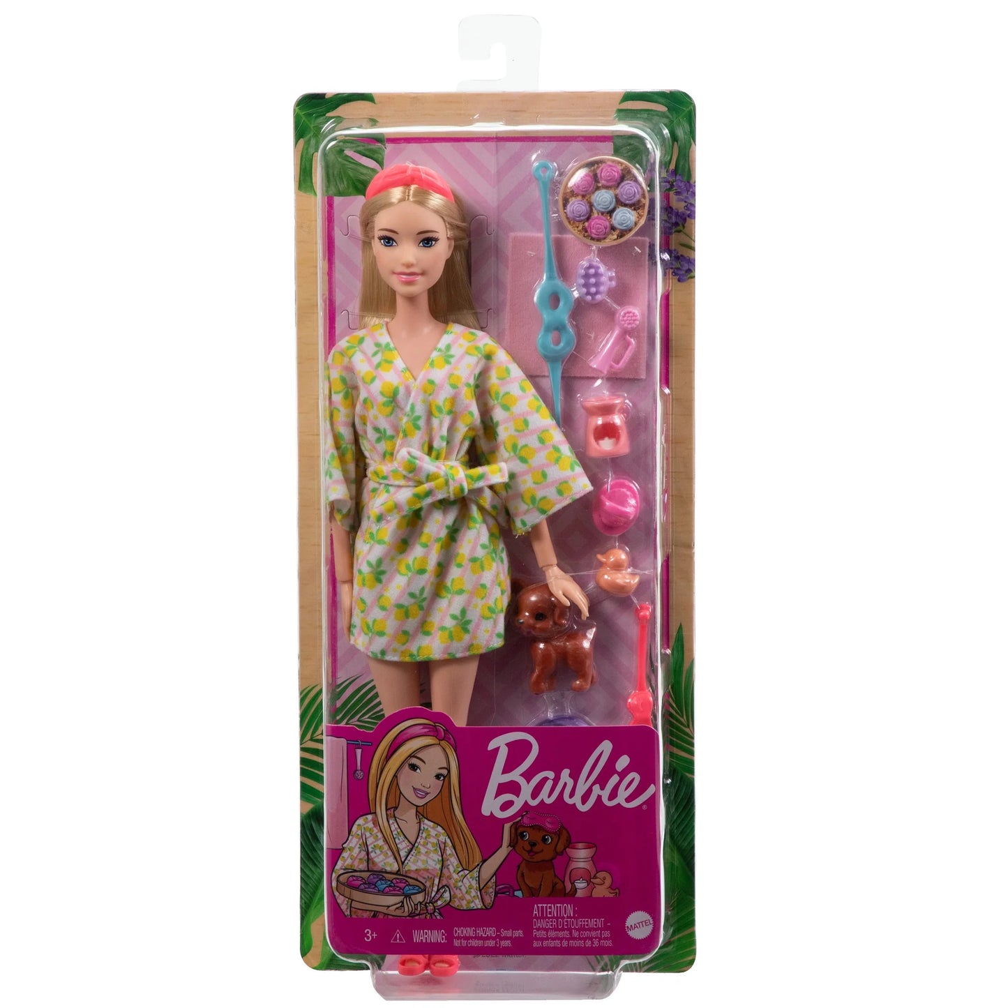 Barbie Wellness Doll Playset With Blonde Doll With Pet Puppy, Barbie Sets, Spa Day, Lemon Print Bathrobe, Headband And Eye Mask | Age :  3 Years + by Mattel
