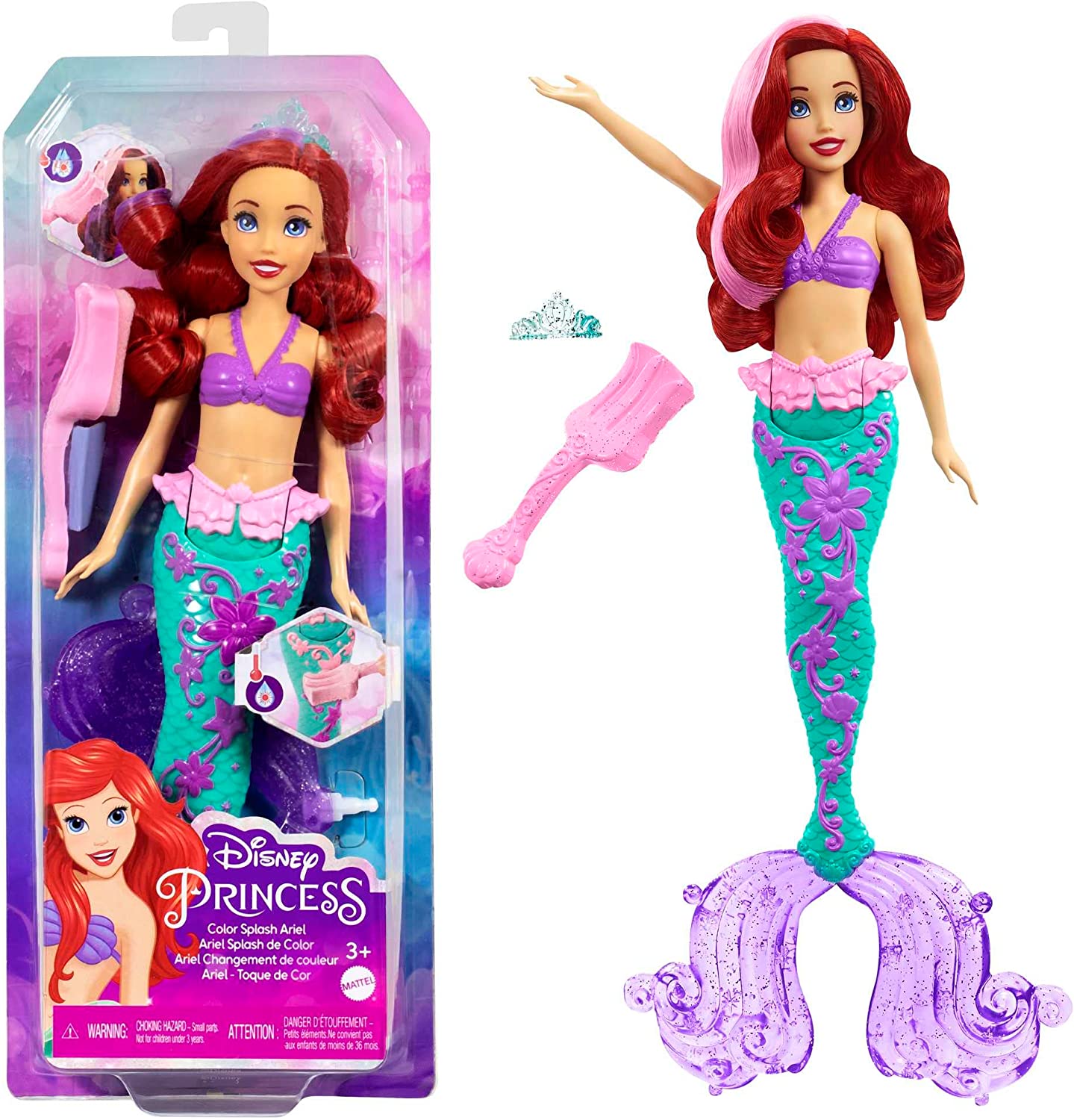 Disney Princess Toys, Ariel Mermaid Doll with Color-Change Hair and Tail, Color Splash Water Toy Inspired by the Disney Movie | Age :  3 Years + by Mattel