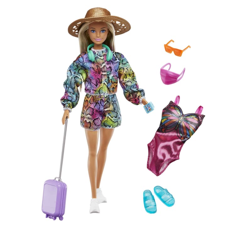 Barbie Holiday Fun Doll (12 Inches), Blonde Highlighted Hair, Travel Tote & Summer Accessories | Age :  3 Years + by Mattel